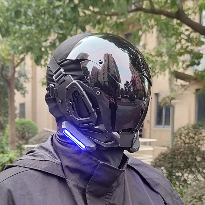 JAUPTO Punk Gothic Cyber Mask for Men,Techwear mask, Halloween Cosplay Costume Accessory with LED Light, Futuristic Mask