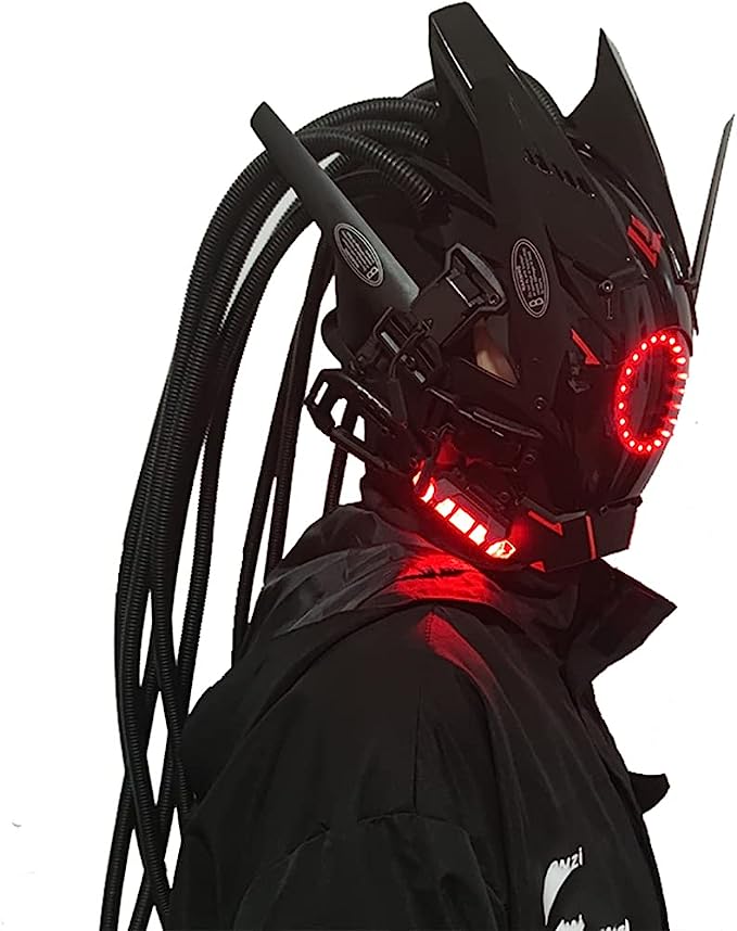 JAUPTO Punk Mask Cosplay for Men, Round Light with Braids Mask Cosplay Halloween Fit Party Music Festival Accessories