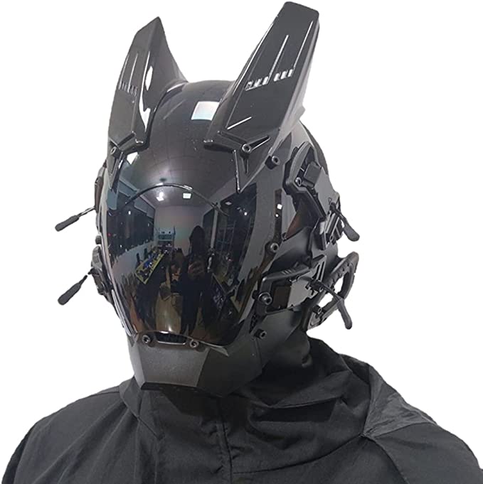 Cyber punk Mask Helmet with Braids Light up Techwear Punk Mask Cosplay  Samurai Mask Costume for Men Women Halloween Party Gifts