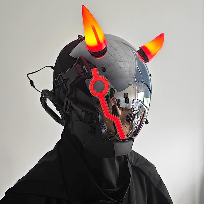 JAUPTO Punk Mask for Men, LED Ox horn Mask,Futuristic Punk Techwear, Cosplay Halloween Fit Party Music Festival Accessories