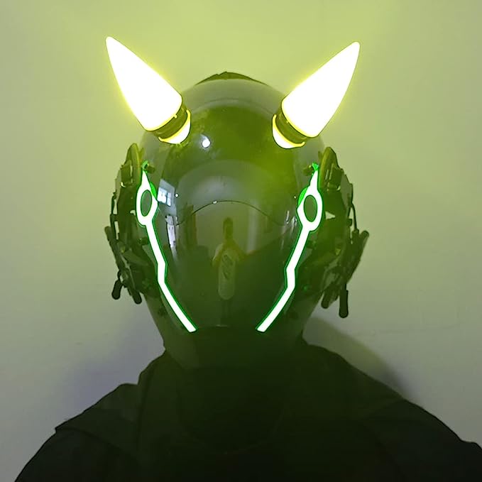 JAUPTO Punk Mask for Men, LED Ox horn Mask,Futuristic Punk Techwear, Cosplay Halloween Fit Party Music Festival Accessories