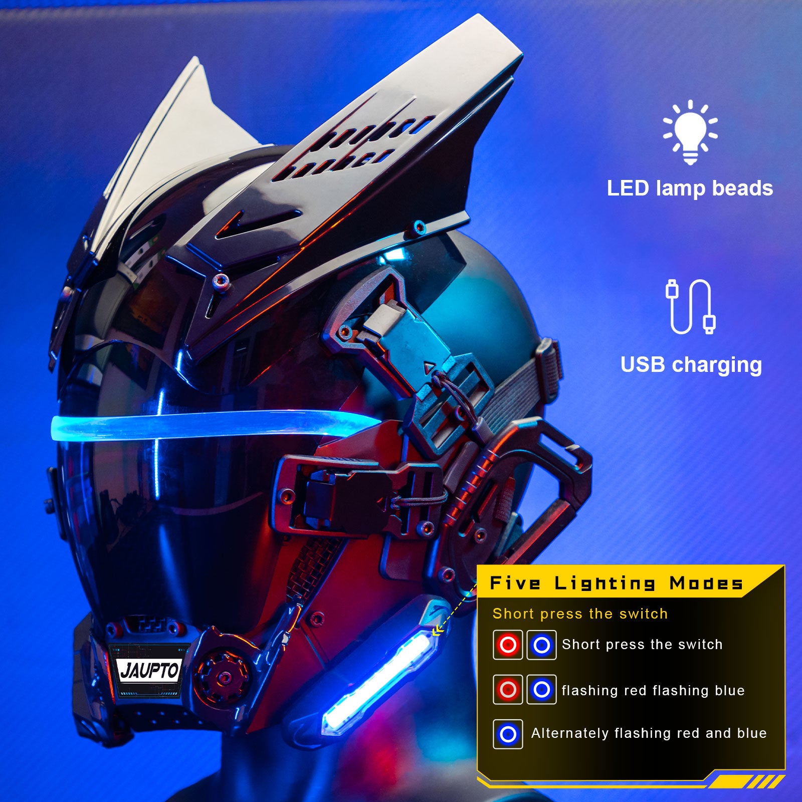 JAUPTO New adjustable lights Punk Mask Helmet,Futuristic Techwear Mask,Halloween Cosplay Fit Party Music Festival Accessories with Light