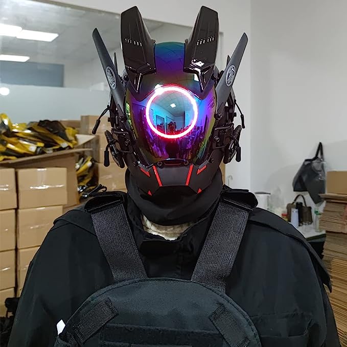 JAUPTO Punk Mask Cosplay for Men, LED Round Light Mask Cosplay Halloween Fit Party Music Festival Accessories
