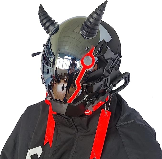 JAUPTO Punk Mask for Men, Ox horn LED Mask,Futuristic Punk Techwear, Cosplay Halloween Fit Party Music Festival Accessories