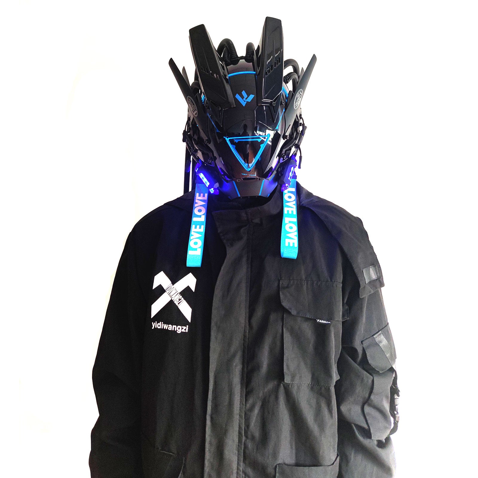 JAUPTO PipeHair CyberPunk Mask Helmet,LED Light Futuristic Techwear Mask,Sci-Fi Full-Face Punk Helmet Costume Accessory